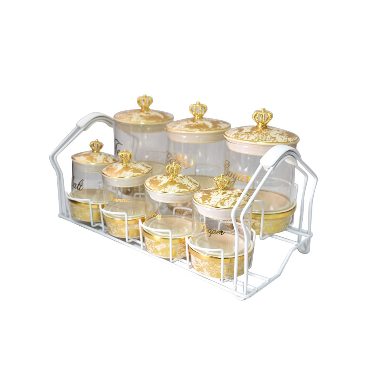 Set of glass and ceramic spice jars with a stand 7 pieces 220203